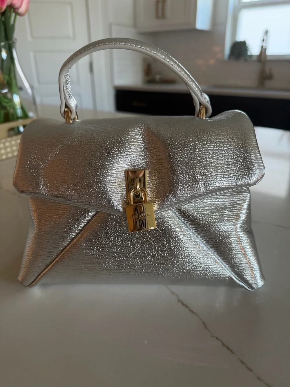 Ted Baker Silver Metallic Top Handle Satchel with Gold Lock